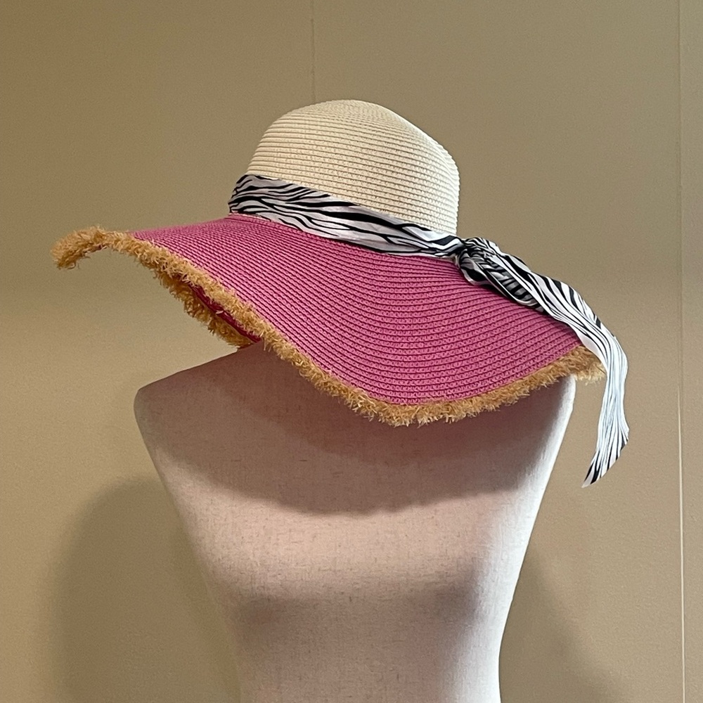 Women’s Floppy Beach Vacation Sun Hat With Scarf Band Summer Pink Multi OS